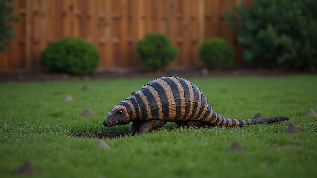 Nine-banded armadillo digging up a lawn in Mobile, AL — conical feeding holes in the grass