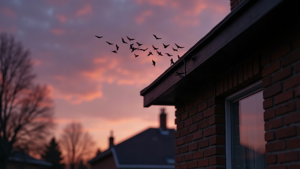 Bat colony streaming out of a gable vent at dusk over a Gulf Coast home — one-way exclusion season