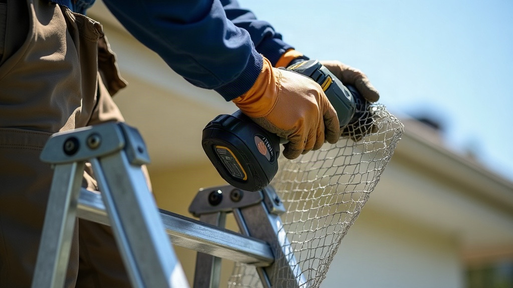 Technician fastening galvanized hardware cloth over a soffit gap — wildlife exclusion work in Mobile, AL