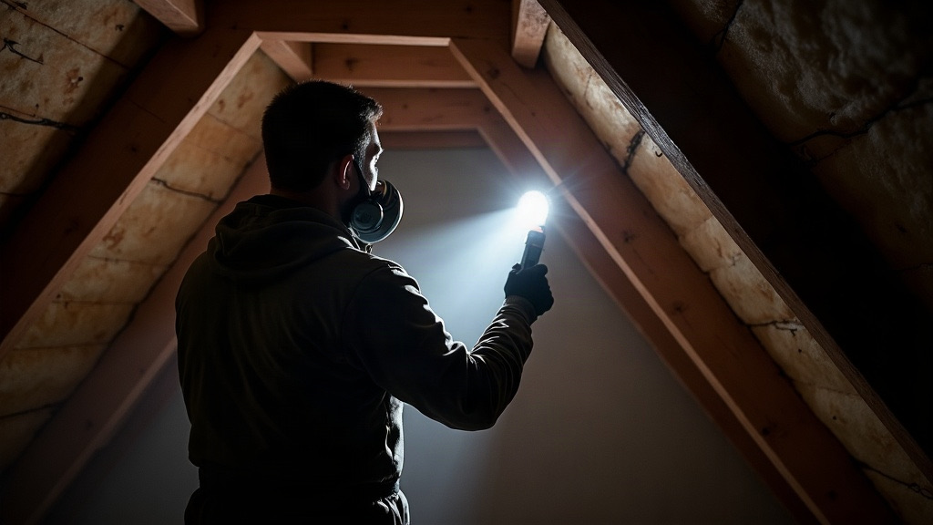 Wildlife control technician inspecting an attic with a flashlight in a Mobile, AL home