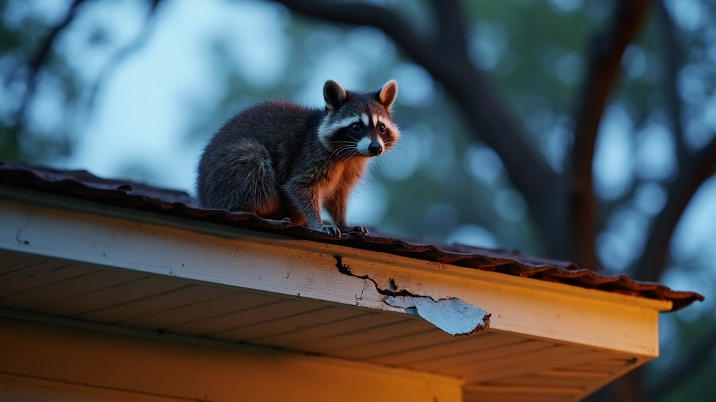 Raccoon at a torn soffit gap on the roofline of a Mobile, AL home at dusk