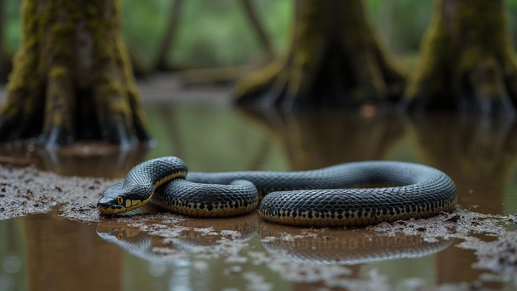 Cottonmouth (water moccasin) at the edge of a creek near Mobile Bay, Alabama