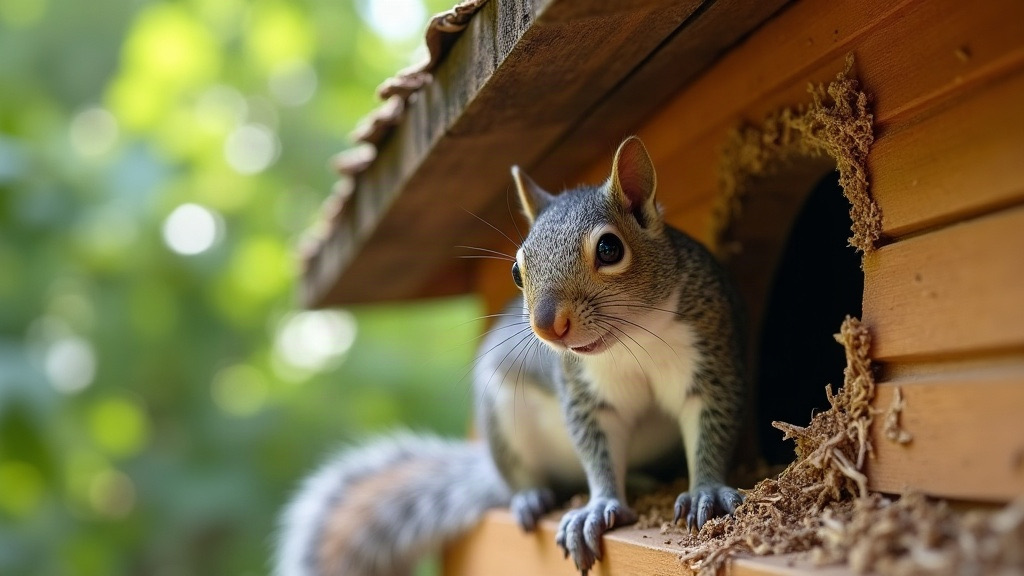 Gray squirrel at a chewed fascia entry hole on a house in Mobile, AL